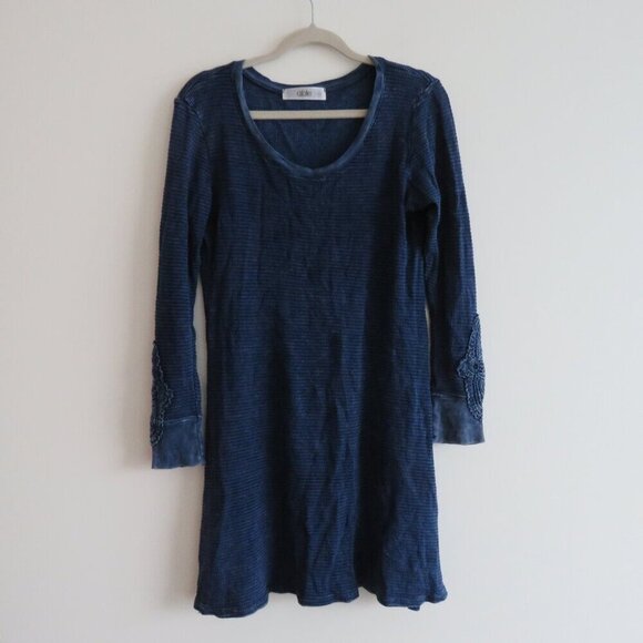 ABLE Distressed Blue Waffle Knit Crochet Cuff Swing Dress Boho Casual - Size S - Picture 2 of 15